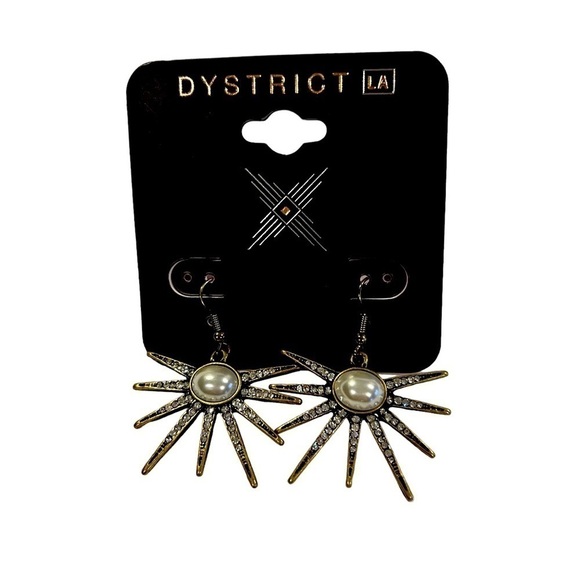 District LA Starburst Dangle Earrings w/ Rhinestone accents & Faux Pearl Center - Picture 3 of 13